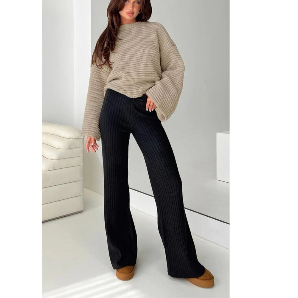 Princess Polly Heavy Knit Ribbed Pants Pull On Black S/M Stretchy Contemporary